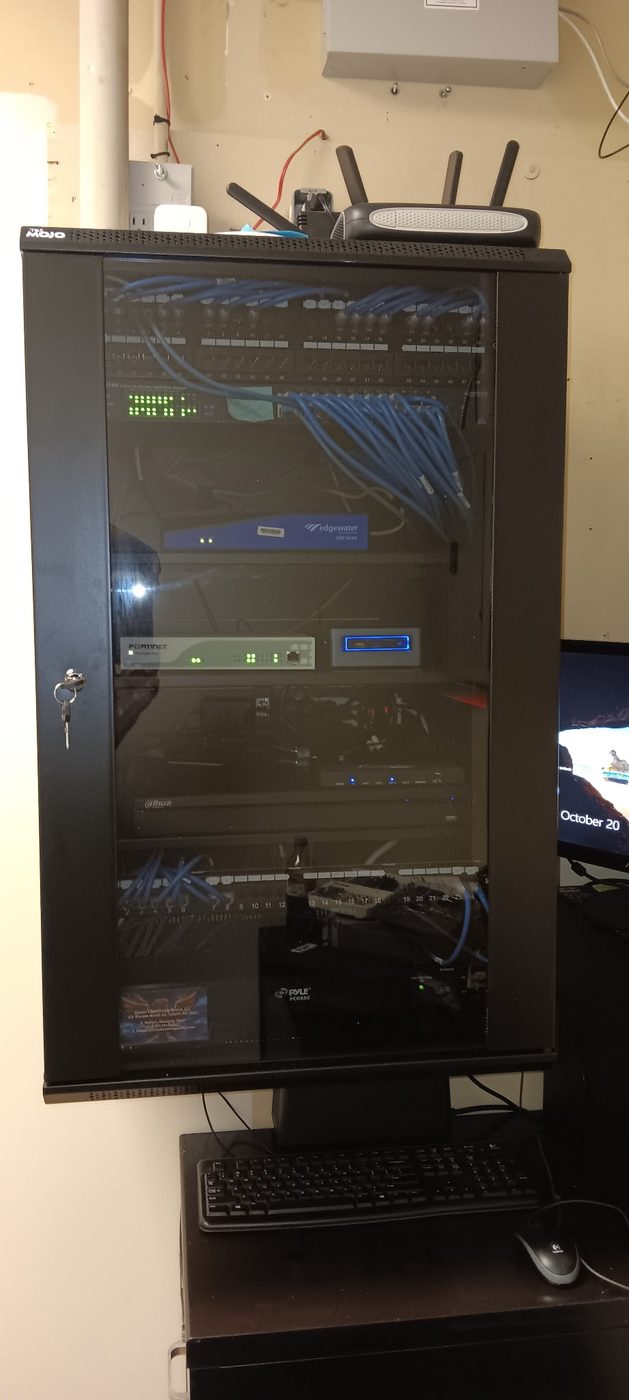 Wall-mounted network rack with organized cabling and BBWS business card